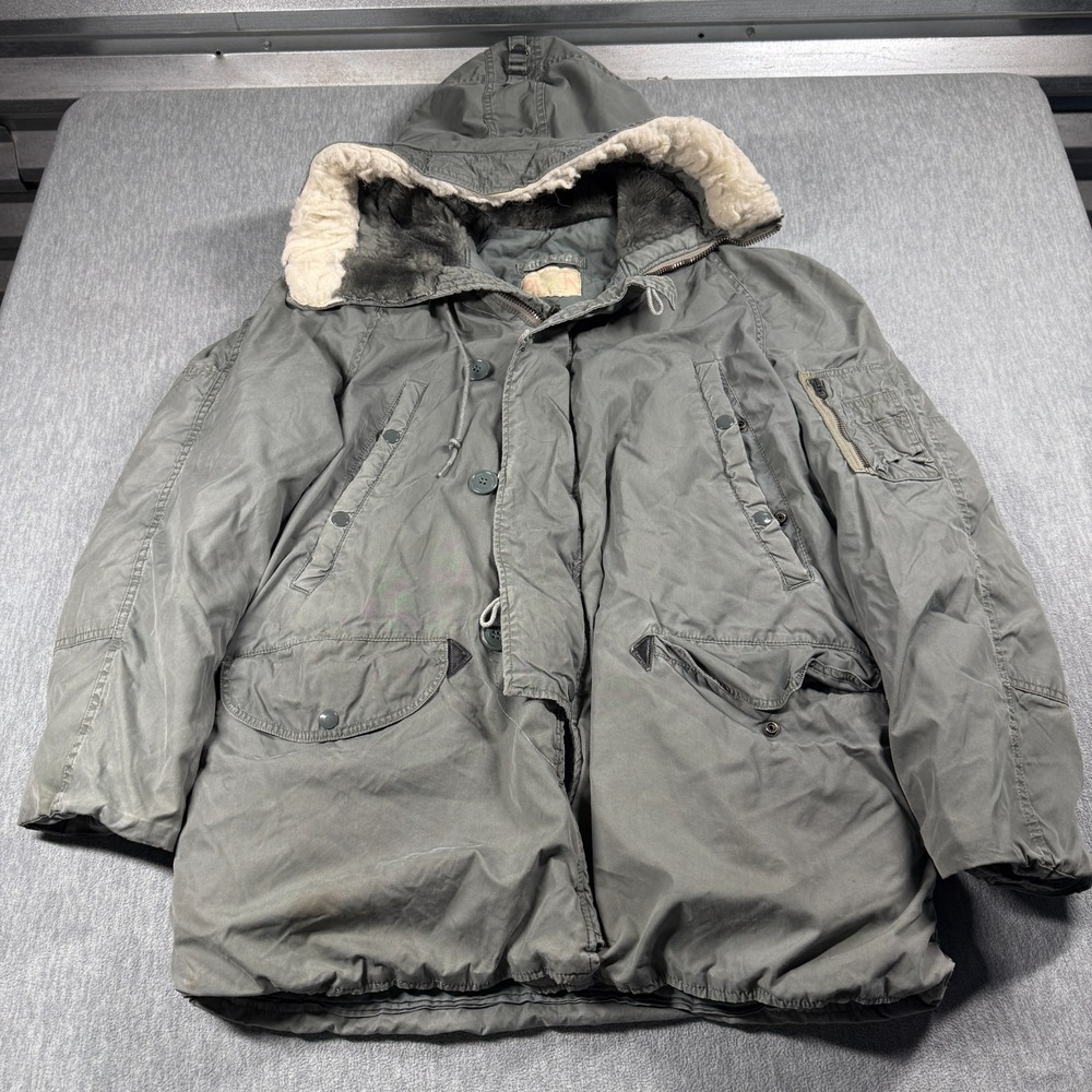 US Military Parka Mens Large Green Vintage N-3B Snorkel Hood Synthetic Fur Flite
